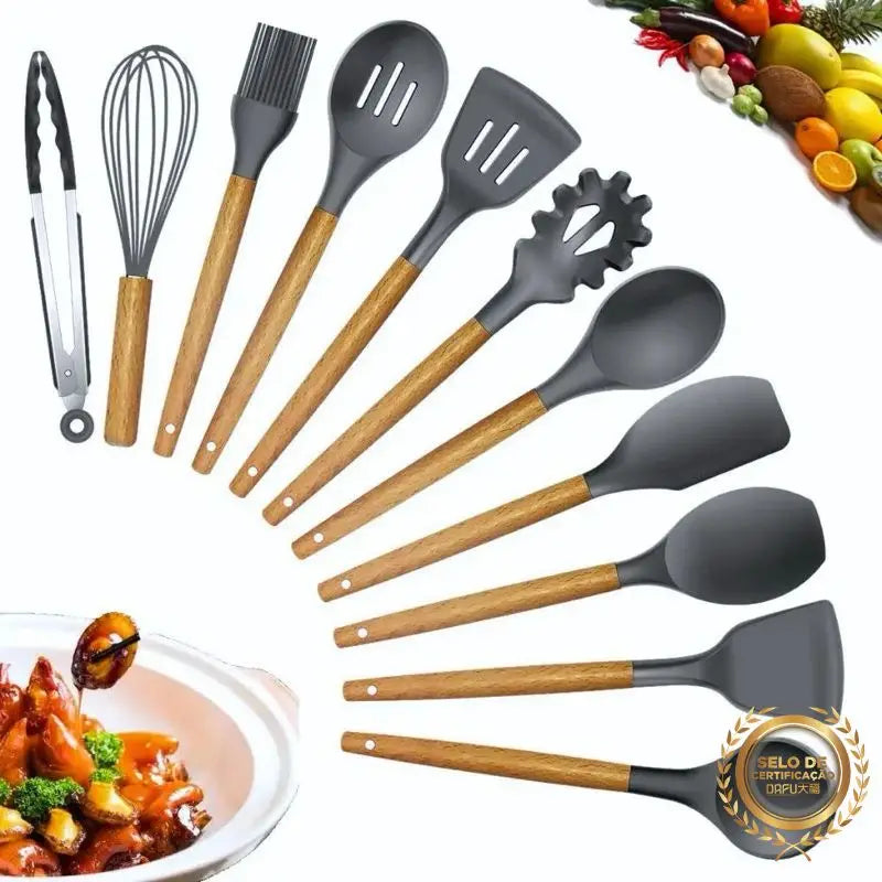 Jogo de Cozinha Kit C/12 Peças de Silicone com Cabo de Madeira  + Copo Suporte para Cozinha