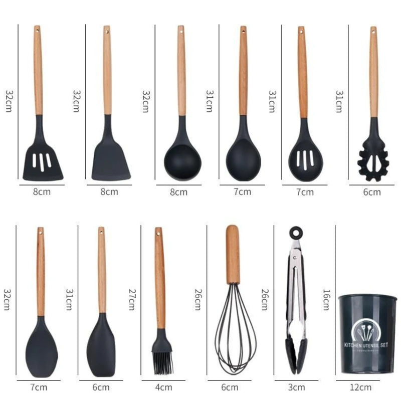 Jogo de Cozinha Kit C/12 Peças de Silicone com Cabo de Madeira  + Copo Suporte para Cozinha