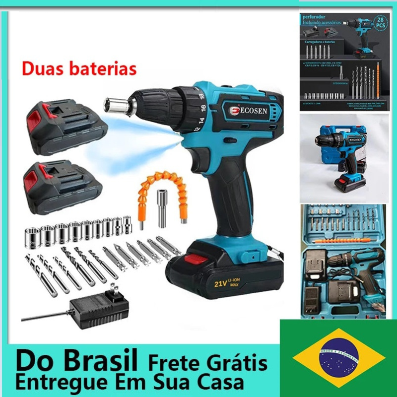 Parafusadeira com 2 Baterias + Maleta com 28 Peças Cor Azul 110V/220V, 21V