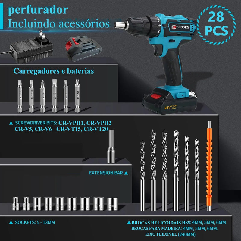 Parafusadeira com 2 Baterias + Maleta com 28 Peças Cor Azul 110V/220V, 21V