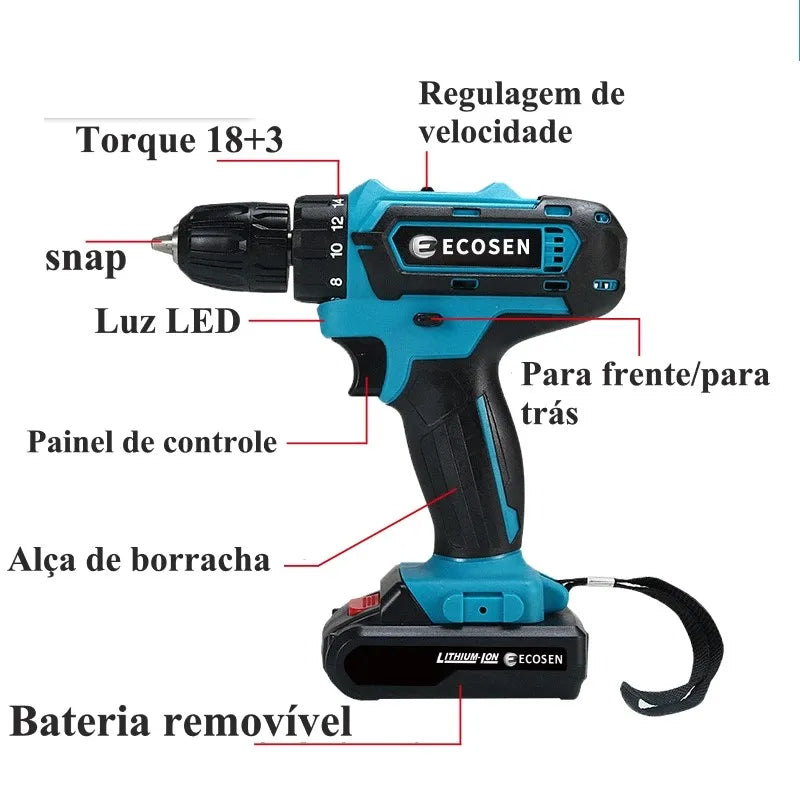 Parafusadeira com 2 Baterias + Maleta com 28 Peças Cor Azul 110V/220V, 21V